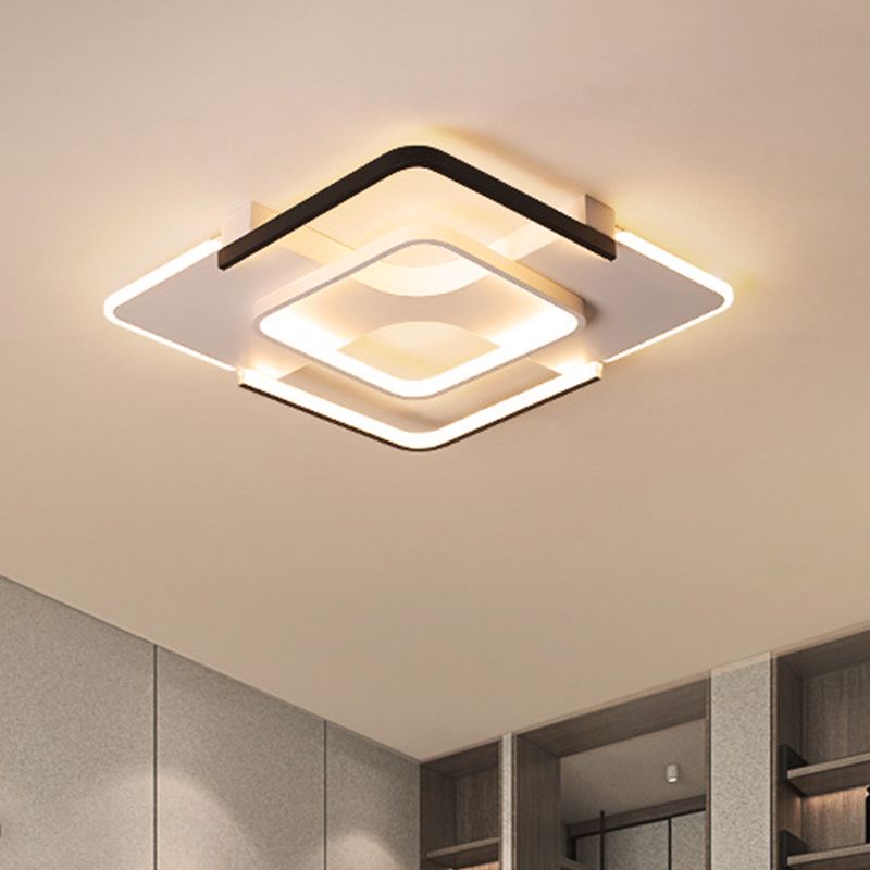 Squared Bedroom Ceiling Flush Light Black-White Metal Contemporary 16"/19.5" Wide LED Flushmount Lighting in Warm/White Light