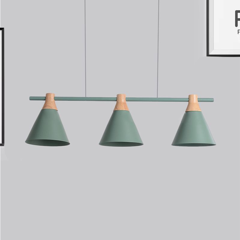 Triple Light Cone Shade Island Lighting Nordic Metal Hanging Chandelier in Green/Grey/Yellow for Kitchen