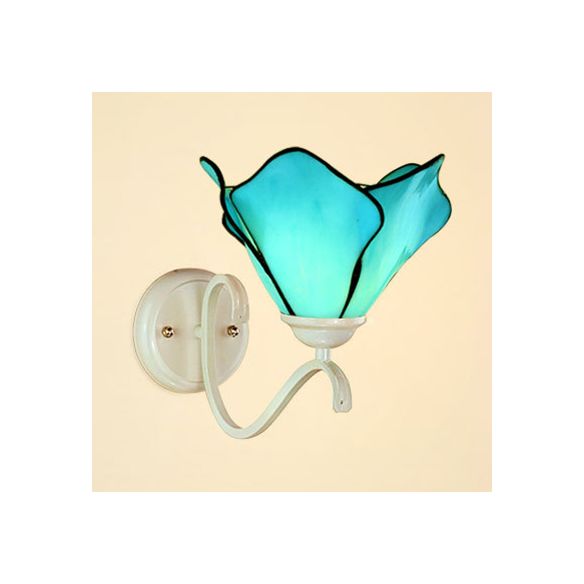 Blue Petal Wall Mount Lighting Rustic Stained Glass 1 Light Wall Sconce Light for Bathroom