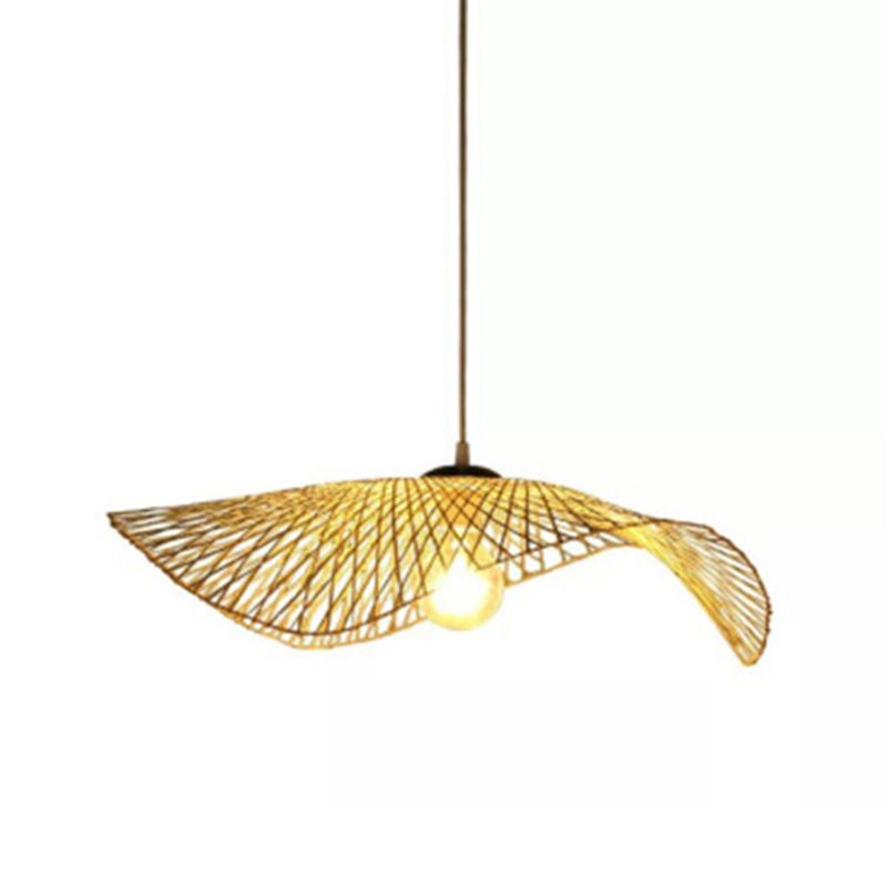 Bamboo Hat Hanging Light Fixture Asia Style Beige Suspension Pendant Light for Restaurant