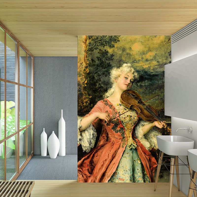 Lady Playing Violin Drawing Murals Red Brown Victorian Style Wall Art for Home Decor