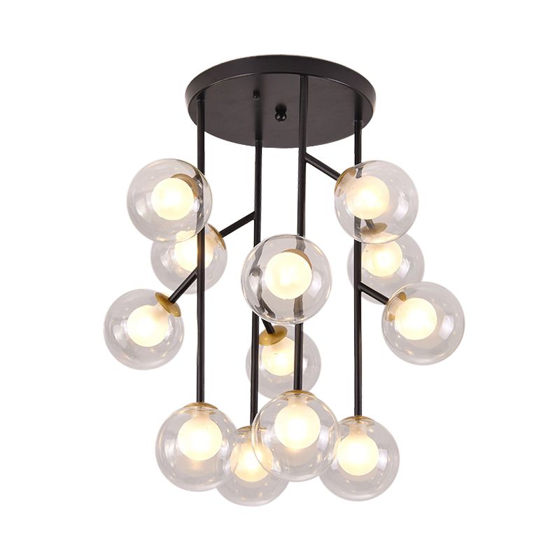 Ball Semi Mount Lighting Modern Clear Glass 9/12 Heads Living Room Close to Ceiling Lamp in Black/Gold