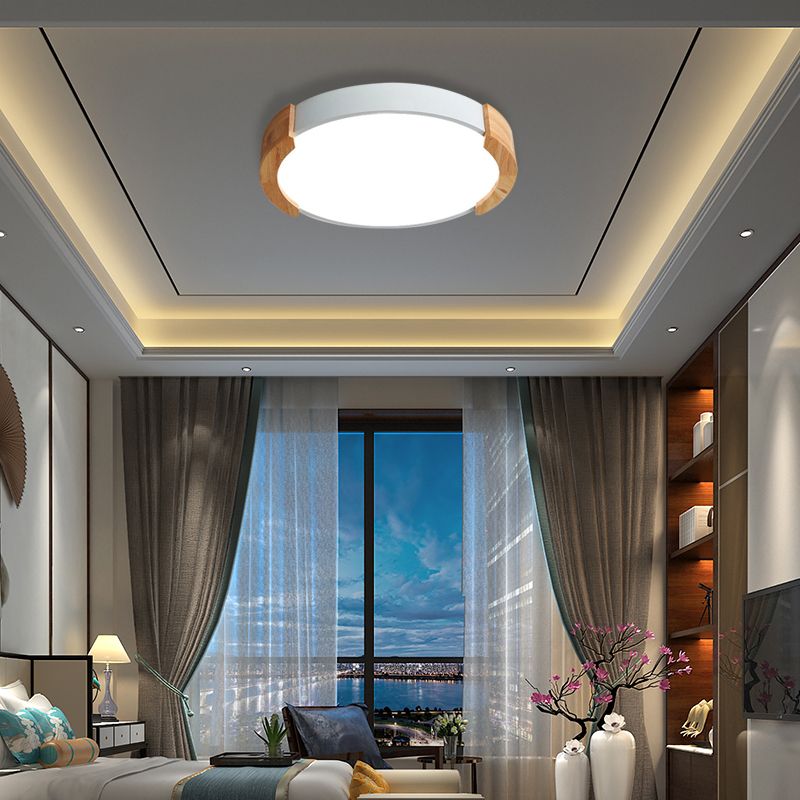 Iron Thin Round Flush Light Nordic Grey/White/Green Ceiling Mounted Fixture with Wood Side Guard for Bedroom