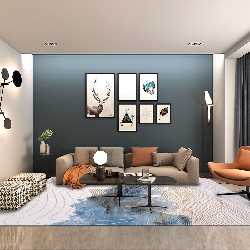 Blue Abstract Pattern Area Carpet Modern Polyester Area Rug Stain Resistant Rug for Living Room