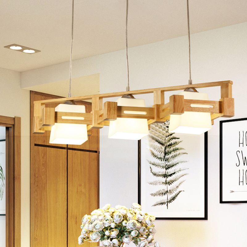Cubic Milk Frosted Glass Island Lighting Modern 3 Bulbs Beige Pendant Lamp with Wood In-Line Rhombus Cage