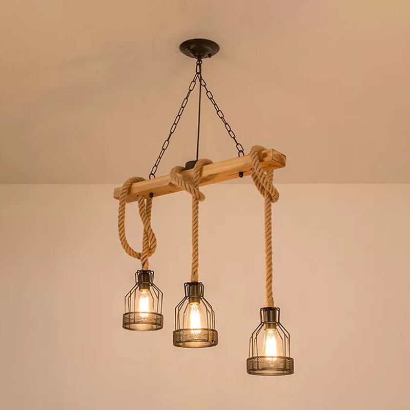 Linear Restaurant Hanging Island Light Cottage Wood 3/5-Light Brown Roped Pendant Lamp with Cage