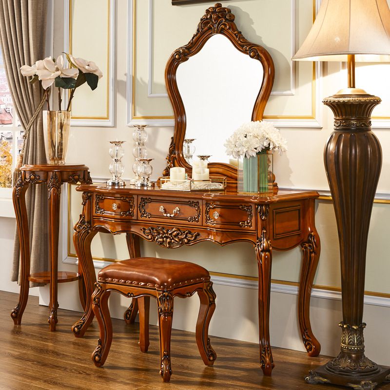 17.71" Wide Brown Vanity Set with Mirror Wood Vanity Tables with 3 Storage Drawers