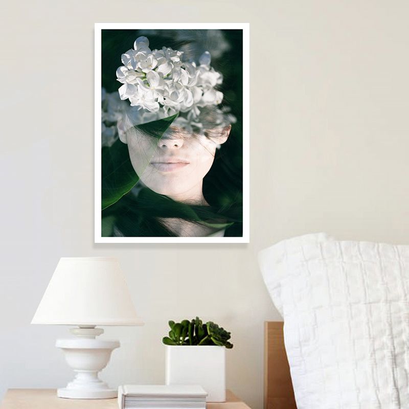 Photography Woman and Flower Canvas Art for Girls Bedroom, White and Green, Textured