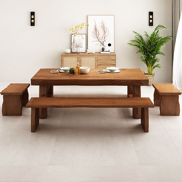 Table à manger de table en bois massif en pin avec piédestal double, en marron