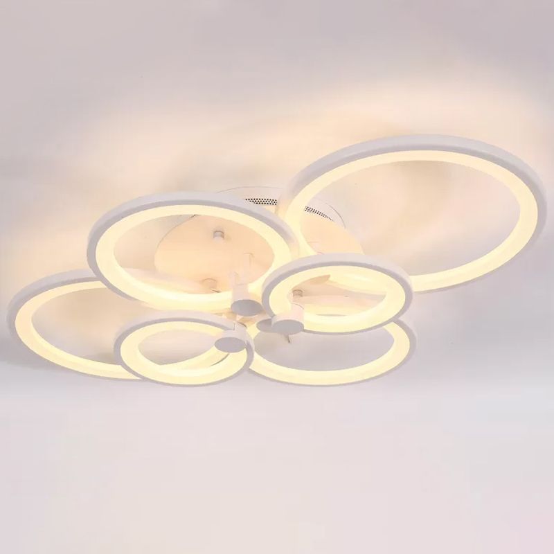 Multiple-Ring Metal Ceiling Lighting Modernist 4/6/8-Bulb Black/White LED Semi Flush Light for Living Room