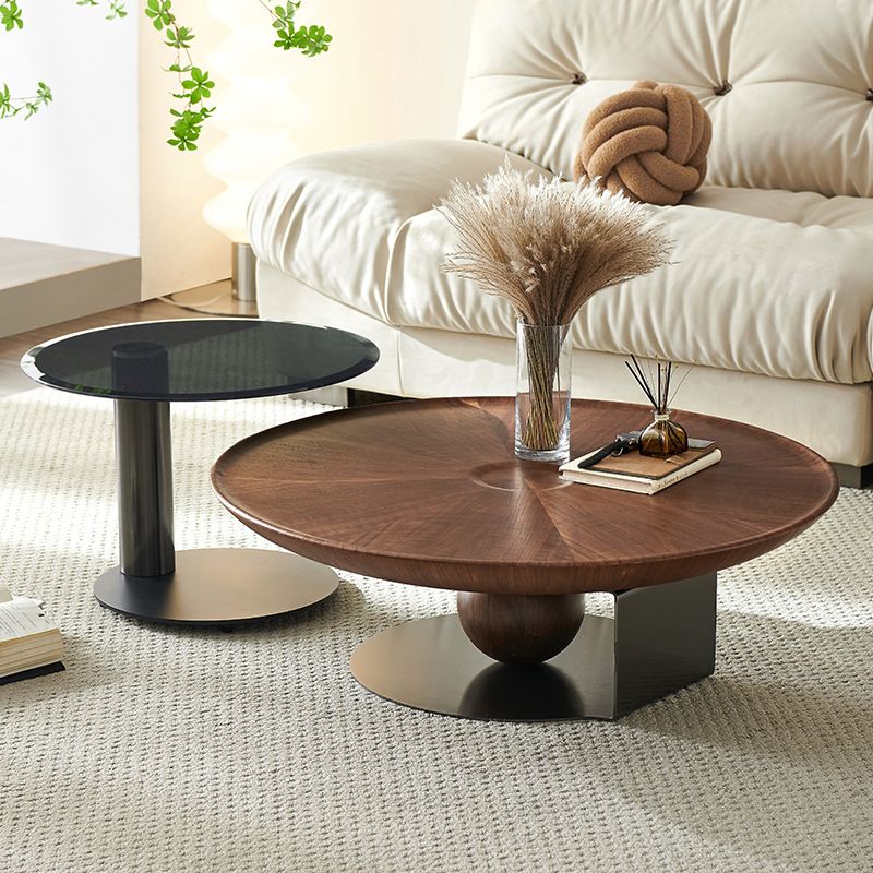 Modern Style Coffee Table with Square Block Base Design Round Glass/wood Table
