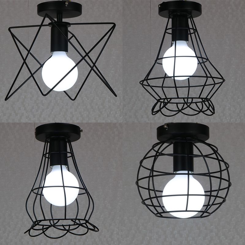 Black 1-Light Semi Flush Ceiling Light in Industrial Vintage Style Wrought Iron Flush Mount with Iron Frame