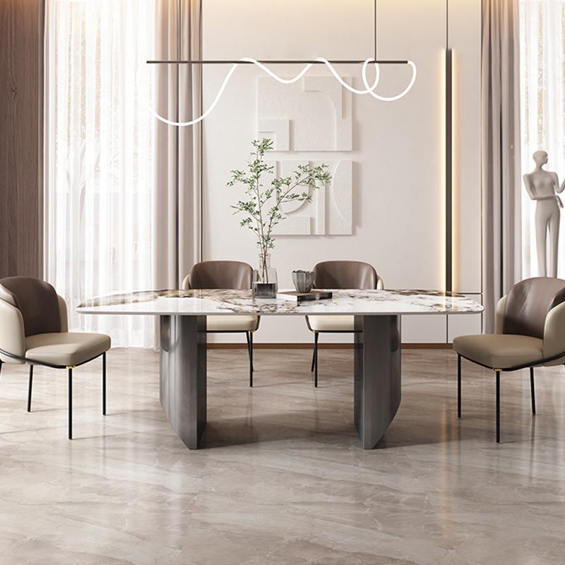 Sintered Stone Top Dining Table Modern Rectangle Stainless Steel Double Pedestal Table