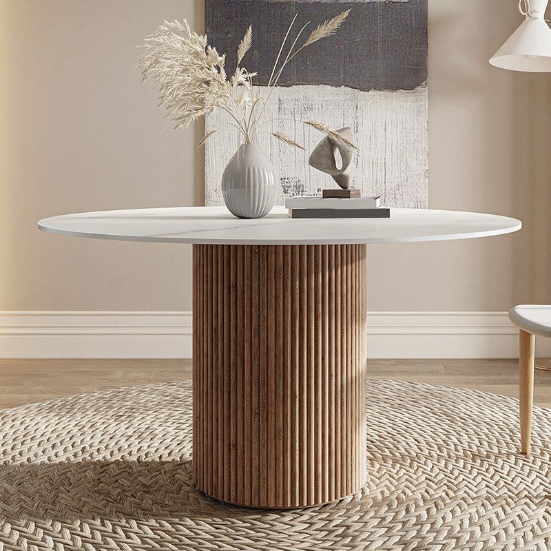 Contemporary Pedestal Table Wood Base Round Stone Dining Table for Home Kitchen