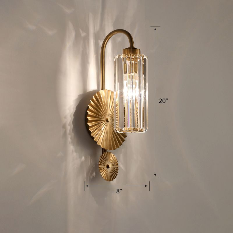 Cylindrical Foyer Wall Lighting Prismatic Crystal 1 Head Postmodern Wall Sconce in Brass