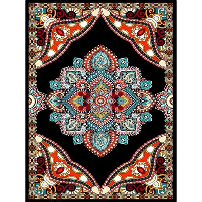 Mediterranean Moroccan Rug in Red and Black Medallion Floral Pattern Rug Polyester Anti-Slip Carpet for Home Decoration