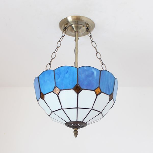 Mediterranean Bowl Ceiling Light Blue Glass Indoor Chandelier Light with 12 Inch Width for Foyer