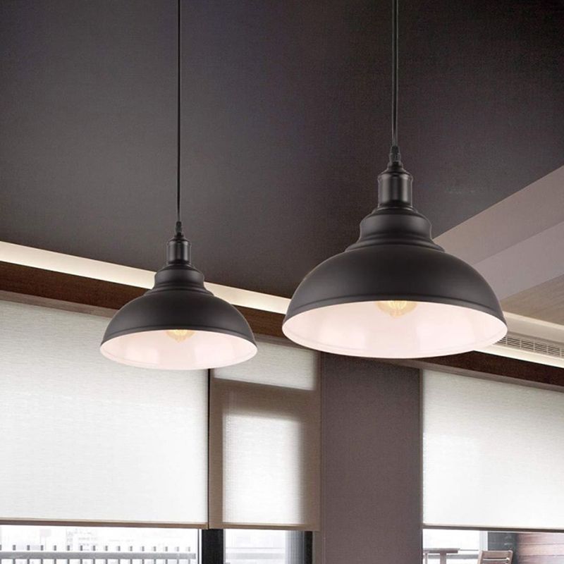 Black Outer & White Inner Pot Lid Ceiling Light Industrial Metallic 1 Bulb Restaurant Hanging Pendant Light