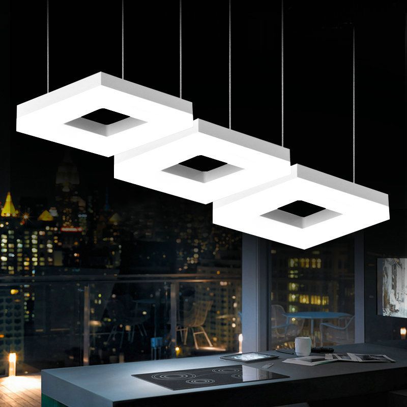 Square Multi-Light Pendant Minimalism Acrylic 3 Heads Black/White LED Hanging Light in Warm/White Light