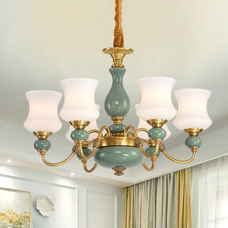 6/8 bollen metalen kroonluchter licht vintage gouden duwarm kleinkaster plafond suspensie lamp met opaalglas schaduw