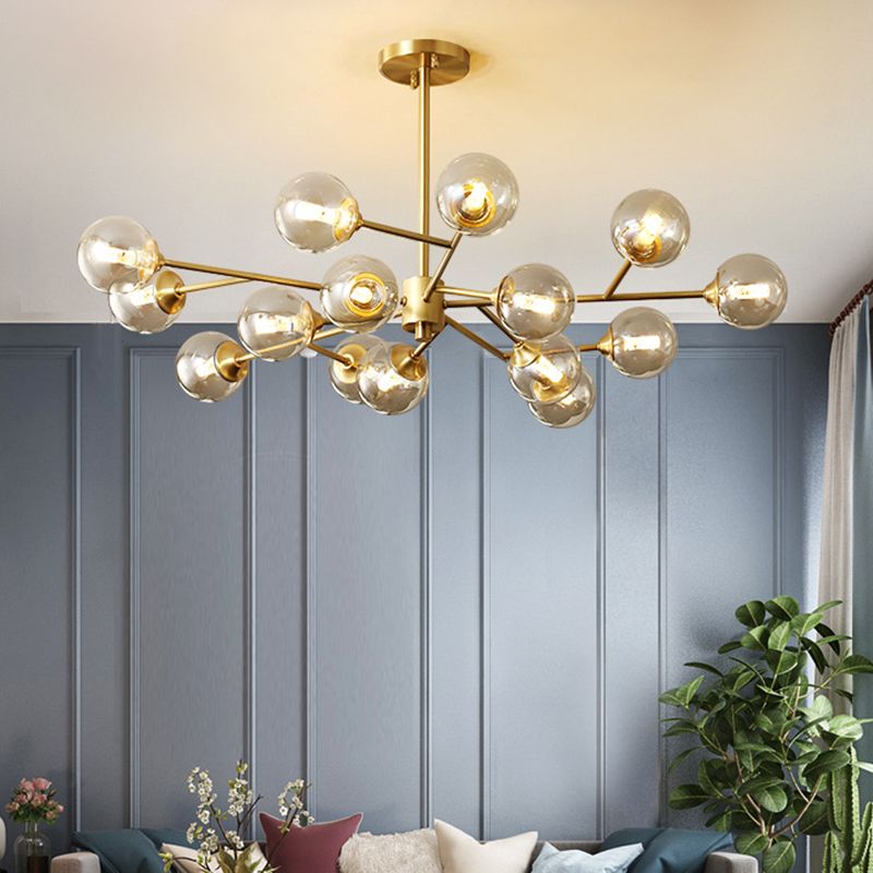 Post-Modern Metal Hanging Chandelier Light Amber Glass Shade Ceiling Chandelier in Gold for Bedroom
