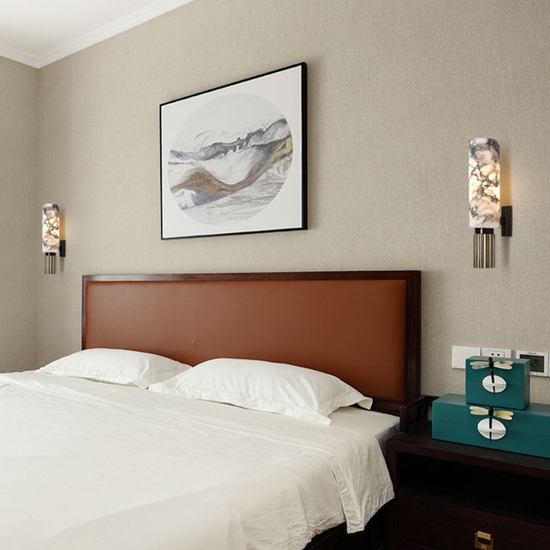 Modern Brass Wall Light Cylinder 13.5" High Wall Sconce with Mica for Living Room