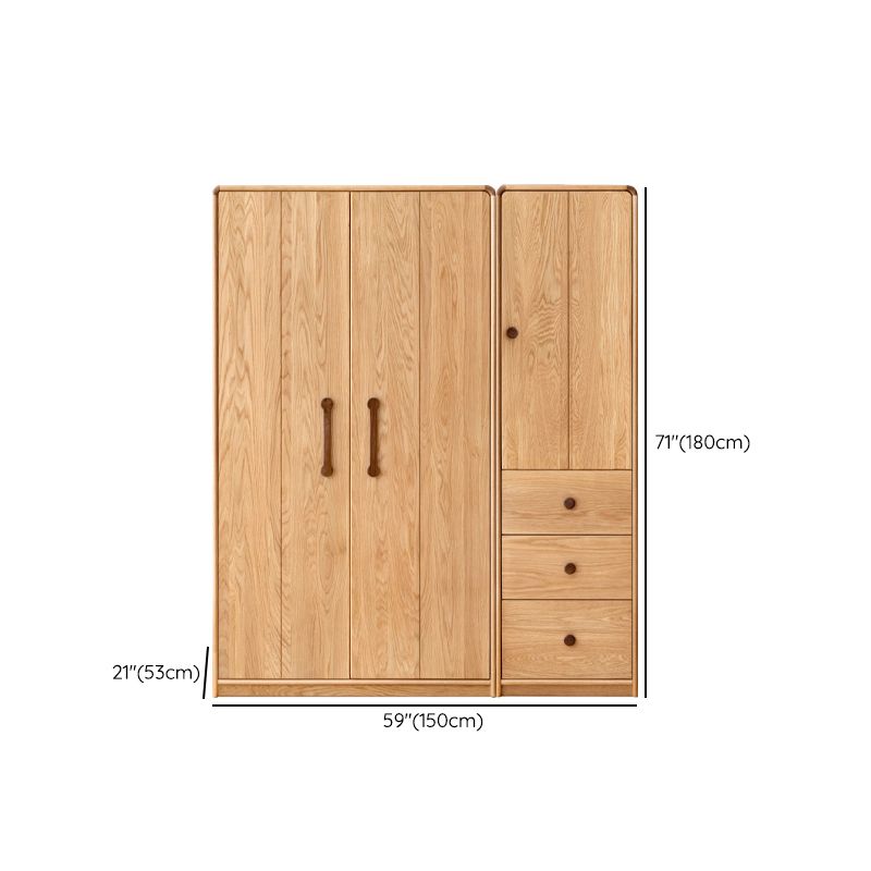 Wardrobe Closet Light Wood Solid Wood Hinged with Drawer with Garment Rod