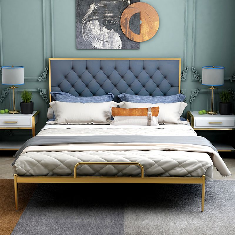 Glam Metal Panel Bed with Rectangular Upholstered Headboard, 43.3" Tall