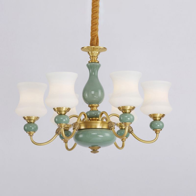 6/8 bollen metalen kroonluchter licht vintage gouden duwarm kleinkaster plafond suspensie lamp met opaalglas schaduw