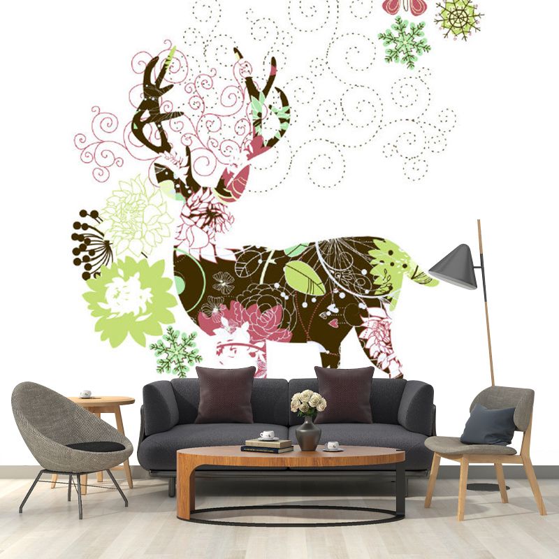 Floral Deer Drawing Murals Art Deco Non-Woven Cloth Wall Covering in Pink and Green
