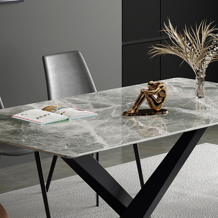 Modern Sintered Stone Gray Dining Table Set with Rectangle Table and Metal Base Formal Dining Set
