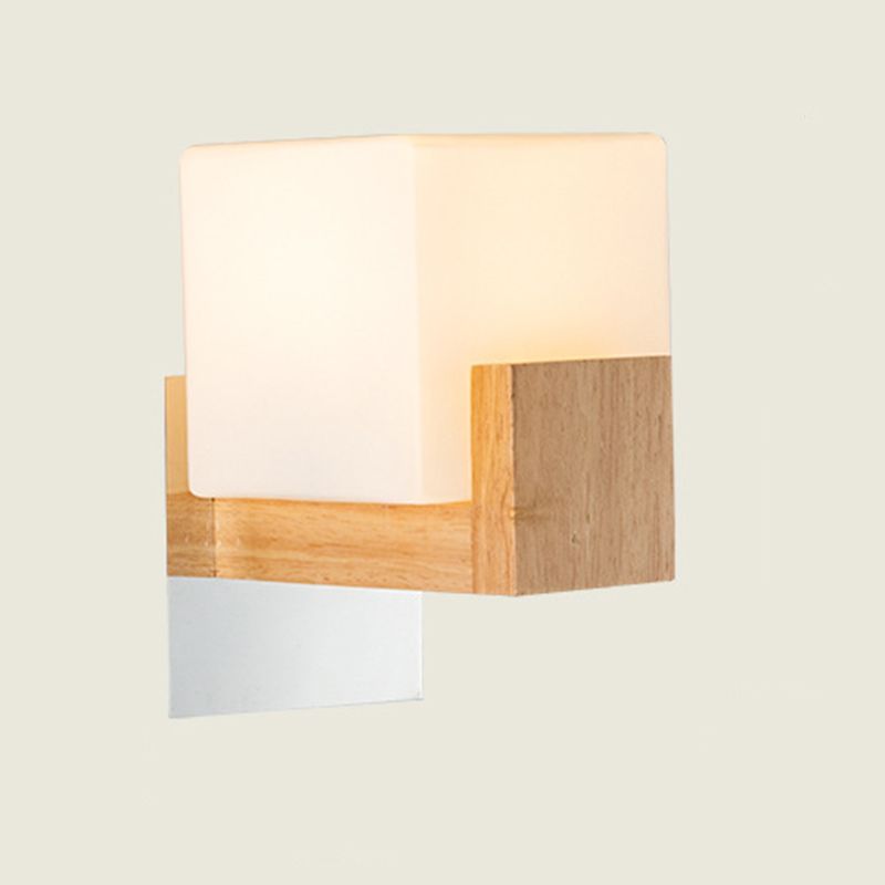 Modern Style Square Shade Wall Light Wood 1 Light Sconces for Bedroom