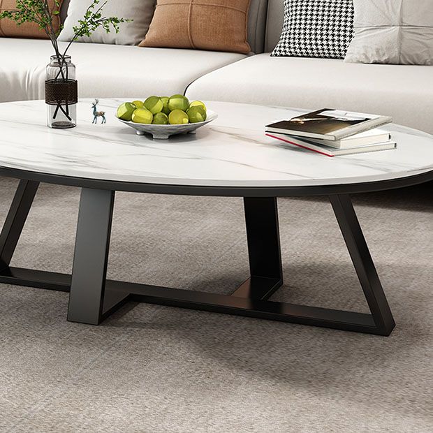 Metal Cross Legs Cocktail Table Luxurious Oval Stone Top Coffee Table