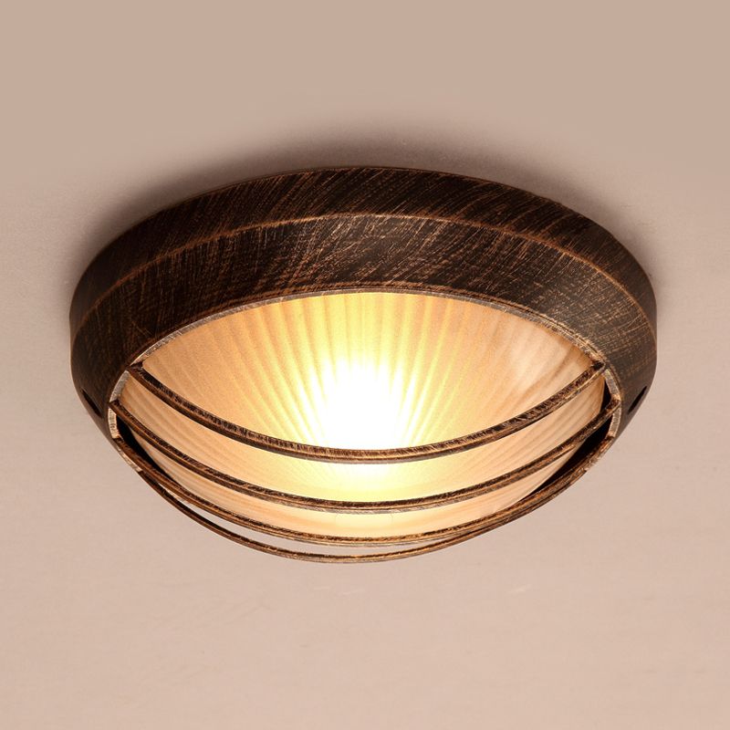 Plafonnier rustique à 1 ampoule en verre nervuré Bowl, pour porche, en bronze avec cage en métal