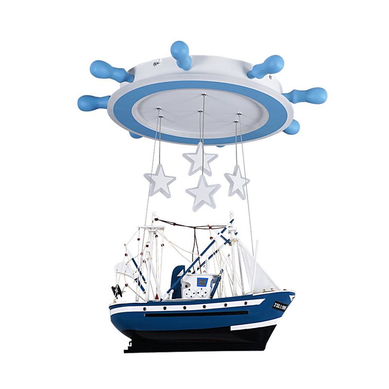 Marine Rudder Acrylic Ceiling Flush Kid Blue Integrated LED Flushmount Lighting with Hanging Sailboat