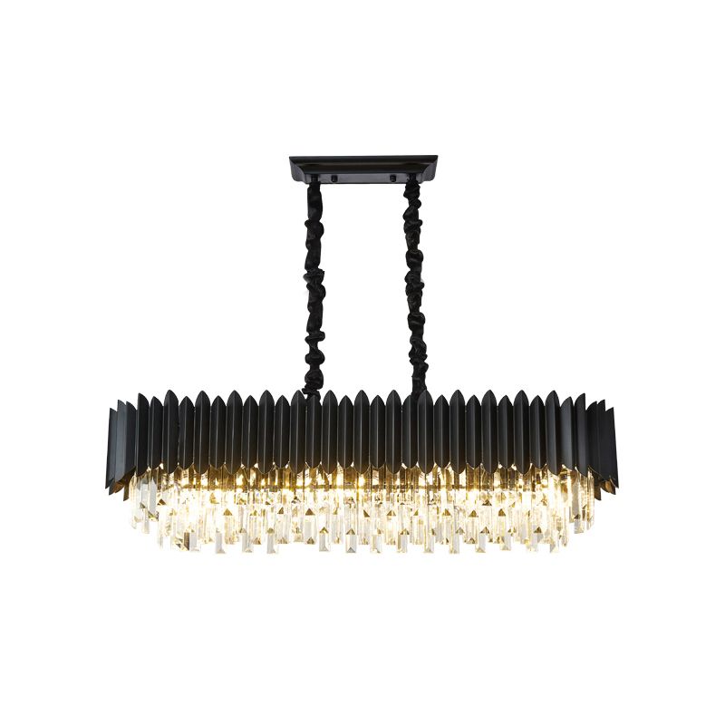 Contemporary 6-Bulb Island Lamp Fixture with Crystal Prisms Shade Black Rectangle Pendant