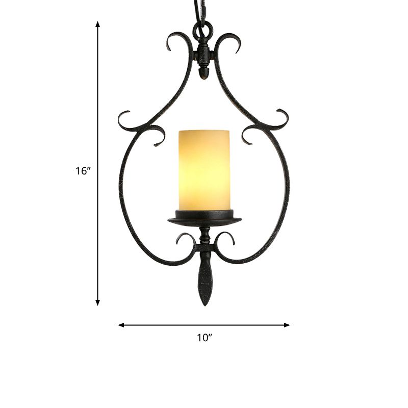 Antique Black Cylinder Pendant Ceiling Light Rustic Beige Glass 1 Light Living Room Hanging Lamp with Metal Cage