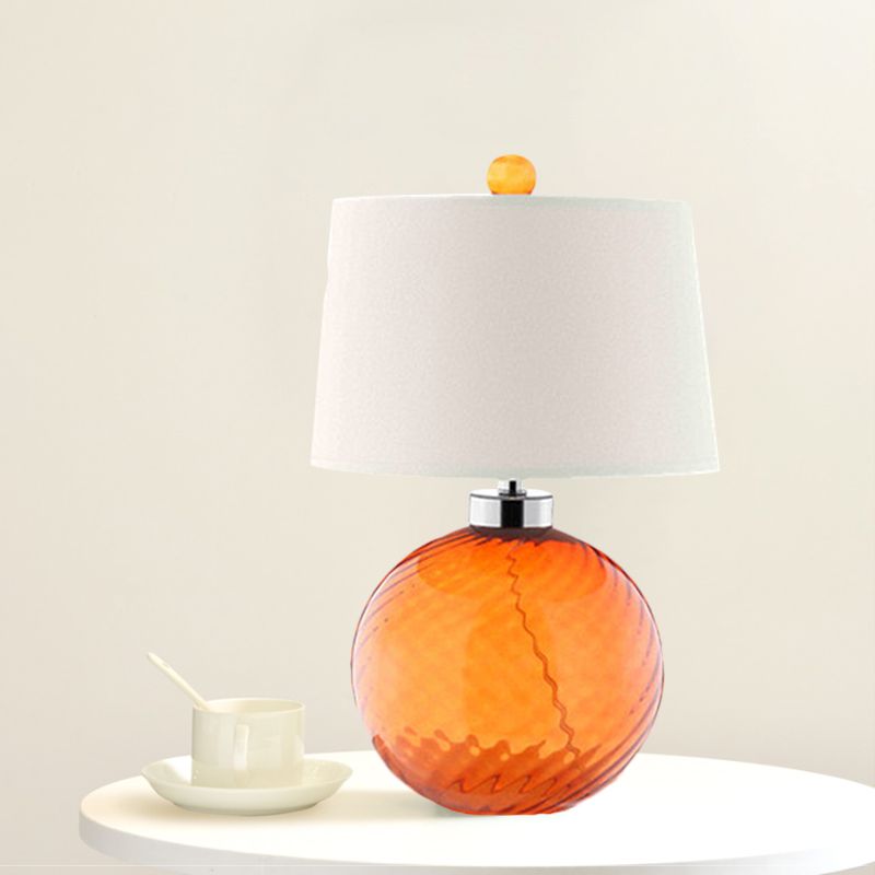 1-Bulb Blown Glass Table Lamp Retro Style Orange Sphere Base Bedroom Table Light with Barrel Fabric Shade