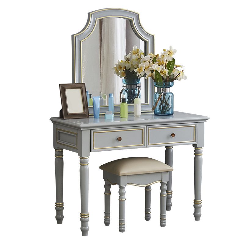 Mirror Desk Furniture 2 Drawer Blue Vanity with Padded Stool