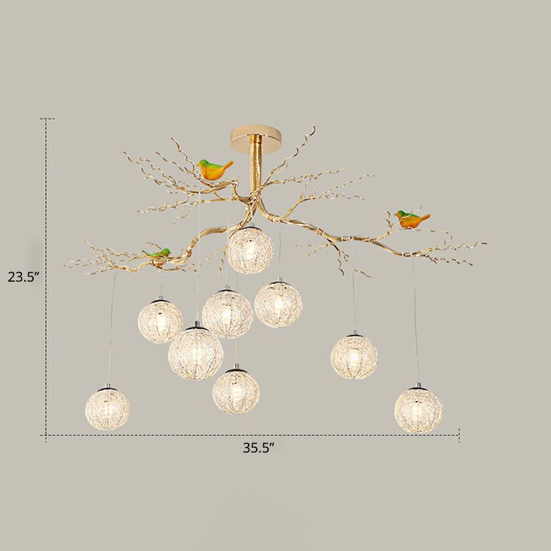 Kugelbaum -LED -Kronleuchter künstlerische Aluminiumdrahtgoldlampe mit Vogeldekorationen