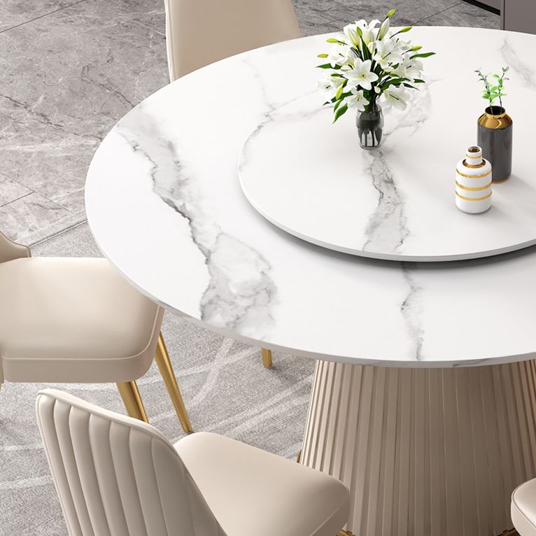 Scandinavian Sintered Stone Table Set of 5/7 with White Round Table Dining Set with Leather Chairs
