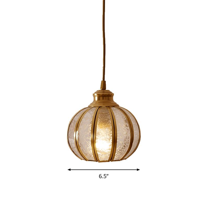 Frost Glass Pumpkin Ceiling Hanging Lantern Traditional 1 Head Bedside Pendant Light in Brass