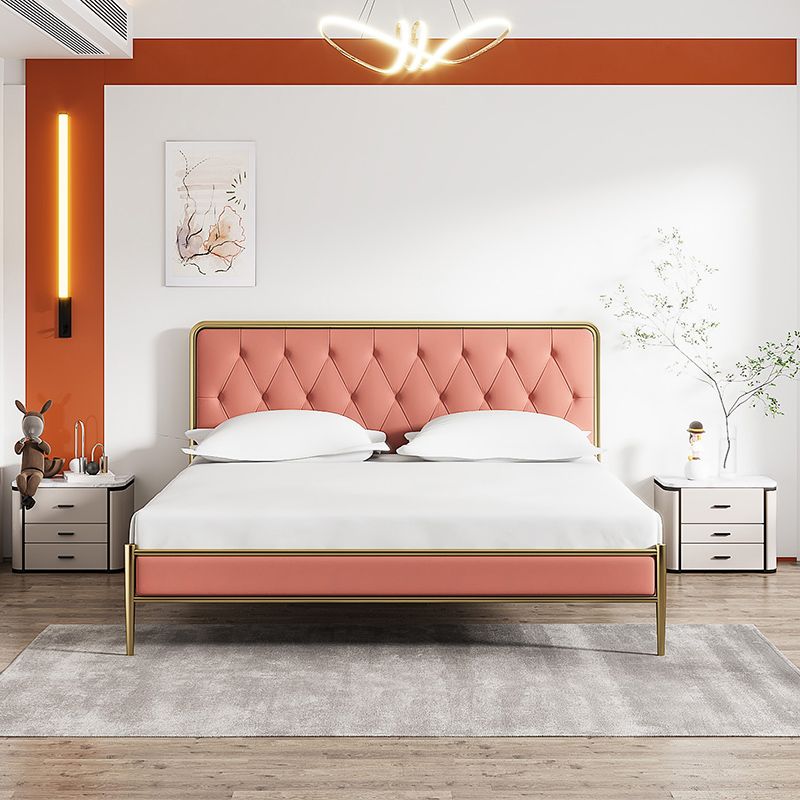 Tufted Upholstered Bed with Headboard Faux Leather Bed with Metal Legs