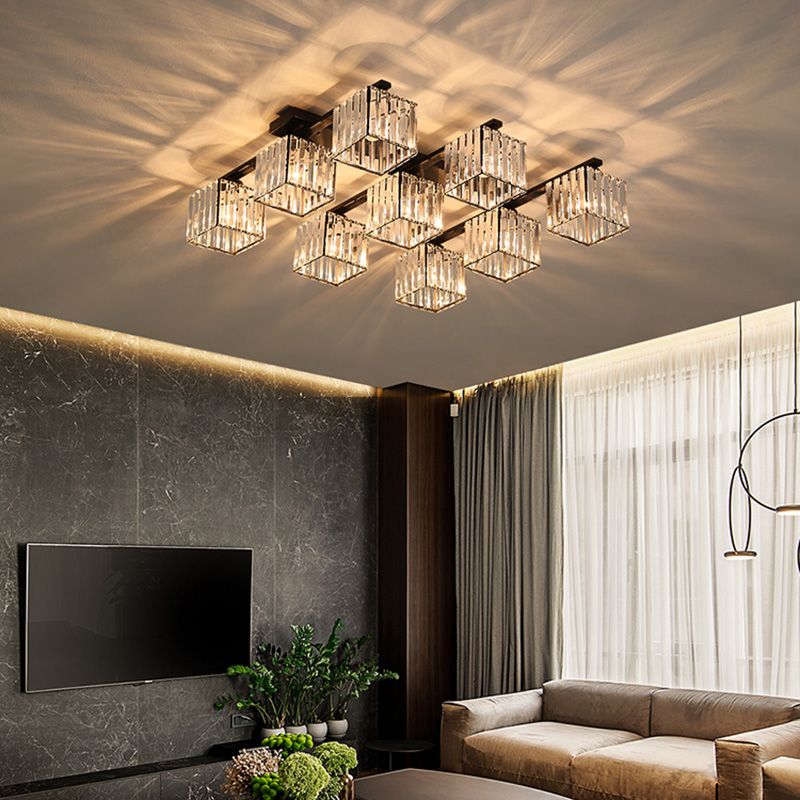 Plafonnier encastré en cristal contemporain avec luminaire cubique pour salon