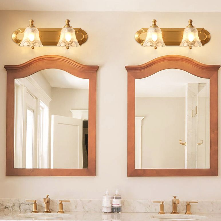 Bathroom Decoration Wall Light Sconce Brass Armed Wall Mounted Mirror Front in Ribbed Glass Shade