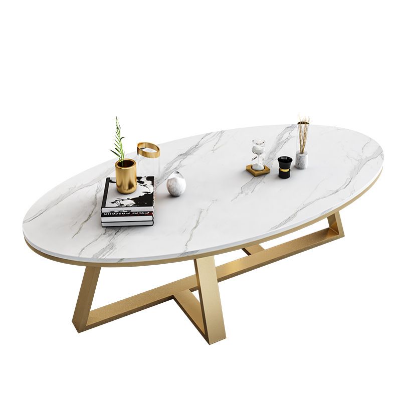 White Oval Stone Top Coffee Table with Iron Cross Base Cocktail Table