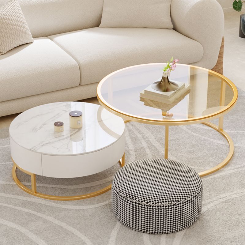Glass Top Frame Coffee Table Round Nesting Coffee Table Set with Drawer