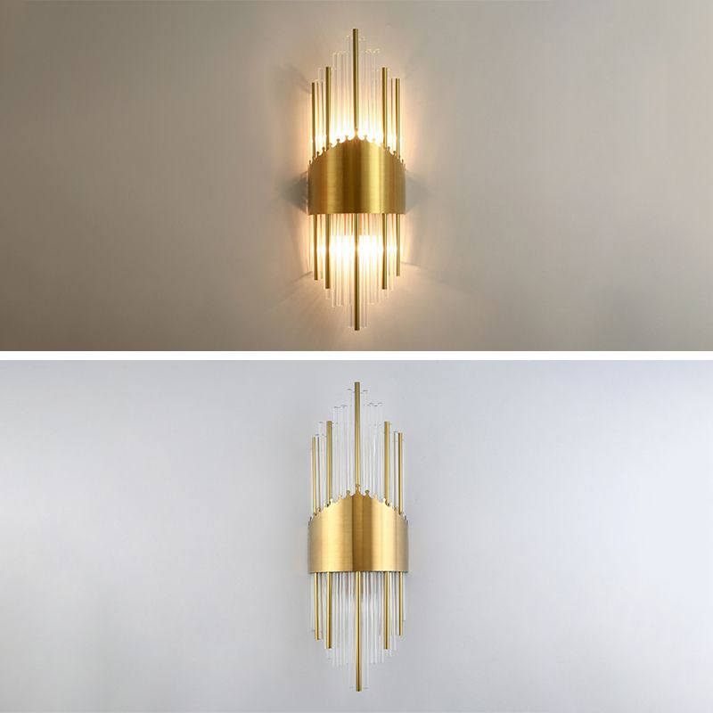 Fluted Crystal Flush Wall Sconce Postmodern Style 2-Bulb Gold Wall Lamp for Living Room