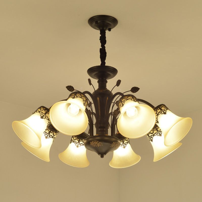 Flared Shade Beige Glass Chandelier Light Classic Living Room Pendant Ceiling Light in Black