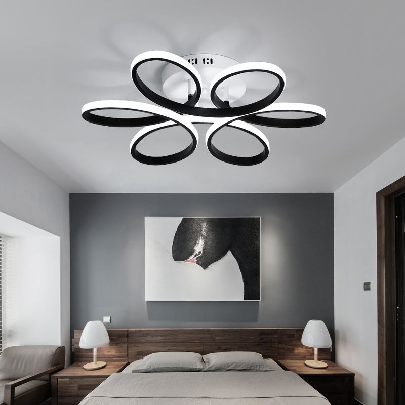 Floral Metal Flush Light Fixture Modern LED Black Semi Flush Ceiling Light for Bedroom